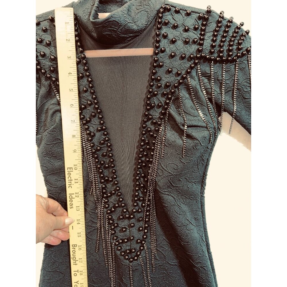 Carol Catugy Black Beaded Cocktail Dress w Sheer Plunge Neckline Embellished Med - Picture 6 of 9
